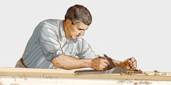 Un home hàbil treballant una peça de fusta amb un ribot.