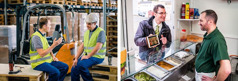 Collage: 1. A brother witnessing to a man while on a break at work. 2. A brother showing a video to a restaurant worker.