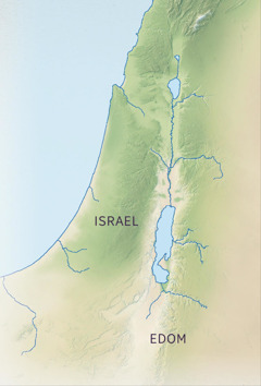 ’n Kaart van die Beloofde Land wat Israel se groen, vrugbare land wys in vergelyking met Edom se bruin, droë land.