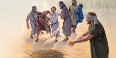 برادران یوسف او را به زور به سوی یک چاه خشک می‌کشند. یکی از برادران یوسف ردای او را در دست دارد.‏