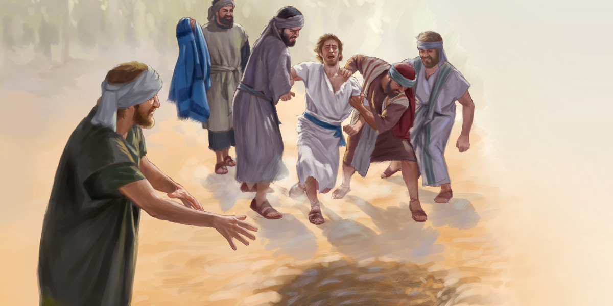 Os irmãos de José o jogam num poço. Um deles está segurando a túnica que José ganhou do seu pai.