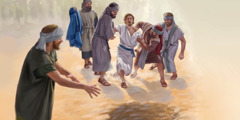 Հովսեփի եղբայրները քաշում են նրան դեպի չորացած հորը։ Եղբայրներից մեկի ձեռքին Հովսեփի հանդերձն է