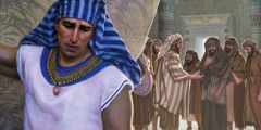 Joseph weeping as his brothers stand in the background.