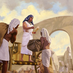 Йосип наглядає за розподілом харчів у Єгипті. Чоловіки принесли мішки з зерном.