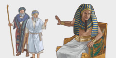 Pharaoh holding up his hand and turning away as Moses and Aaron try to talk to him.