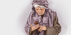 La viuda pobre mirando sus dos moneditas antes de hacer su donativo.