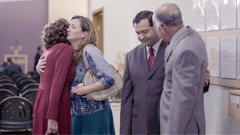 A scene from the video ‘Maintain Loyalty With a Unified Heart.’ Friends embrace and comfort Gabriella and Ben after a congregation meeting.