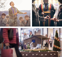 Collage: Scenes depicting the world’s uncleanness. 1. A clergyman prays over soldiers. 2. A clergywoman performs a marriage ceremony between two men. 3. A nativity scene and a Christmas tree on display in a bustling shopping mall.