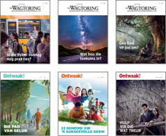 Collage: Voorbladonderwerpe vir ‘Die Wagtoring’ en ‘Ontwaak!’ in 2018. 1. ‘Is die Bybel vandag nog prakties?’ 2. ‘Wat hou die toekoms in?’ 3. ‘Gee God vir jou om?’ 4. ‘Die pad van geluk.’ 5. ‘12 Geheime vir ’n suksesvolle gesin.’ 6. ‘Hulp vir dié wat treur.’
