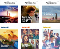 Collage: Voorbladonderwerpe vir ‘Die Wagtoring’ en ‘Ontwaak!’ in 2019. 1. ‘Wie is God?’ 2. ‘Is die lewe die moeite werd?’ 3. ‘Is hierdie lewe al wat daar is?’ 4. ‘Sal ons ooit veilig voel?’ 5. ‘Ses lesse wat kinders moet leer.’ 6. ‘Kan die Bybel jou lewe verbeter?’
