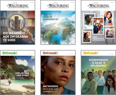 Collage: Voorbladonderwerpe vir ‘Die Wagtoring’ en ‘Ontwaak!’ in 2020. 1. ‘Die waarheid – Hoe om daarna te soek.’ 2. ‘Wat is God se Koninkryk?’ 3. ‘Ewige seëninge van ’n liefdevolle God.’ 4. ‘Kry verligting van stres.’ 5. ‘Antwoorde op 5 vrae oor swaarkry.’ 6. ‘Diskriminasie – Is daar ’n oplossing?’