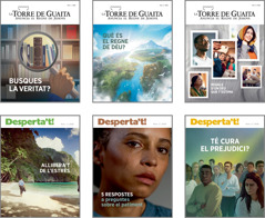 Collage: Portades de les revistes ‘La Torre de Guaita’ i ‘Desperta’t!’ del 2020. 1. ‘Busques la veritat?’ 2. ‘Què és el Regne de Déu?’ 3. ‘Regals d’un Déu que t’estima.’ 4. ‘Allibera’t de l’estrès.’ 5. ‘5 respostes a preguntes sobre el patiment.’ 6. ‘Té cura el prejudici?’