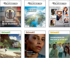 Collage: Covers van ‘De Wachttoren’ en ‘Ontwaakt!’ in 2020. 1. ‘De zoektocht naar waarheid.’ 2. ‘Wat is Gods Koninkrijk?’ 3. ‘Eeuwige zegeningen van een liefdevolle God.’ 4. ‘Leven zonder stress.’ 5. ‘Waarom is er zo veel lijden?’ 6. ‘Vooroordelen: Hoe kom je ervan af?’