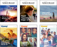 Resimler: 2019 ‘Gözcü Kulesi’ ve ‘Uyanış!’ dergilerinin kapak konuları. 1. ‘Tanrı’yı Tanımak Mümkün mü?’ 2. ‘Hayat Yaşanmaya Değer mi?’ 3. ‘Hayat Neden Bu Kadar Kısa?’ 4. ‘Dünya Bir Gün Güvenli Bir Yer Olacak mı?’ 5. ‘Çocukların İhtiyacı Olan Altı Değer.’ 6. ‘Kutsal Kitap Yaşam Kalitenizi Artırabilir’