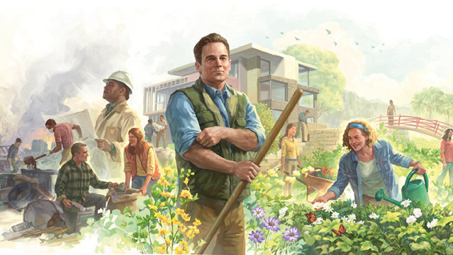 Collage: People transforming the earth into a paradise. 1. Cleaning up debris. 2. Building houses and walkways. 3. Cultivating gardens.