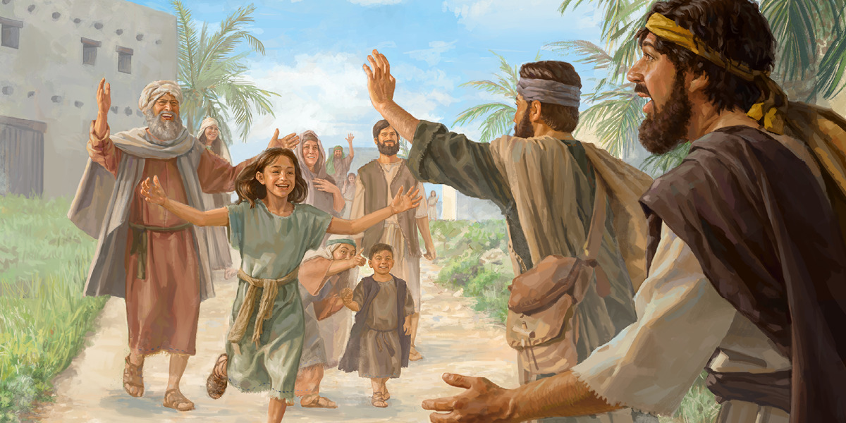 Israelite slaves joyfully greeting their families as they return home during the Jubilee.