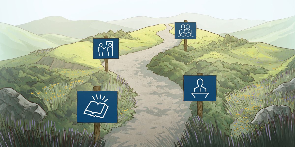 A winding path depicting the road of serving Jehovah. Signs posted along the path represent the steps of Bible study, meeting attendance, preaching, and baptism.