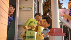 A scene from the video ‘Become Jehovah’s Friend​—Preach in a Foreign Language.’ Caleb imagines a translator robot helping him to preach to a woman who does not speak his language.