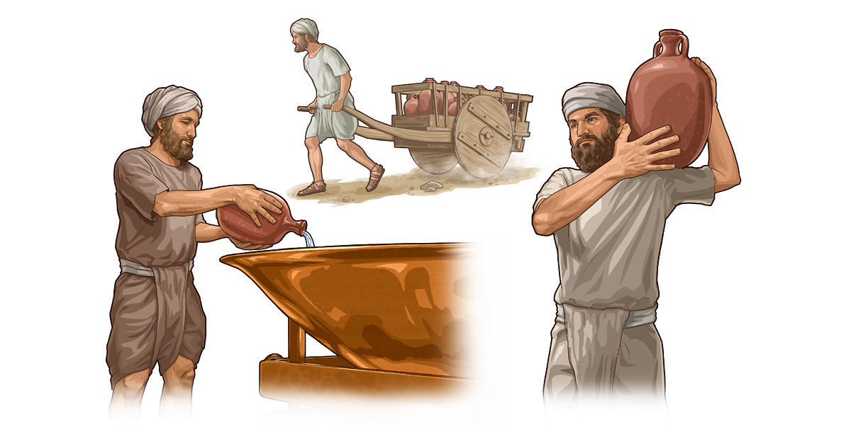 Collage: Levites performing various duties. 1. A Levite pours water into the copper basin. 2. A Levite pulls a wagon filled with clay jars. 3. A Levite carries a clay jar on his shoulder.
