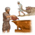 Collage: Leviti che svolgono vari incarichi. 1. Un levita versa acqua nel bacino di rame. 2. Un levita traina un carro carico di vasi di terracotta.