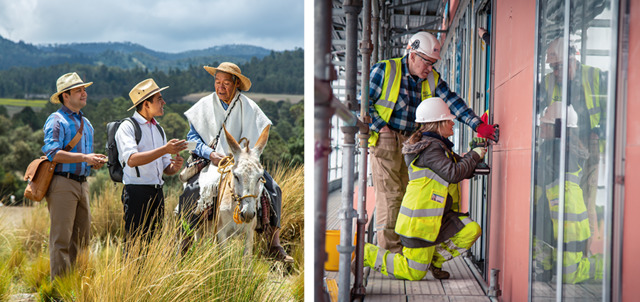 Collage: Brothers and sisters in the full-time service. 1. Two pioneer brothers preach to a man on a donkey. 2. A brother and sister perform construction work.