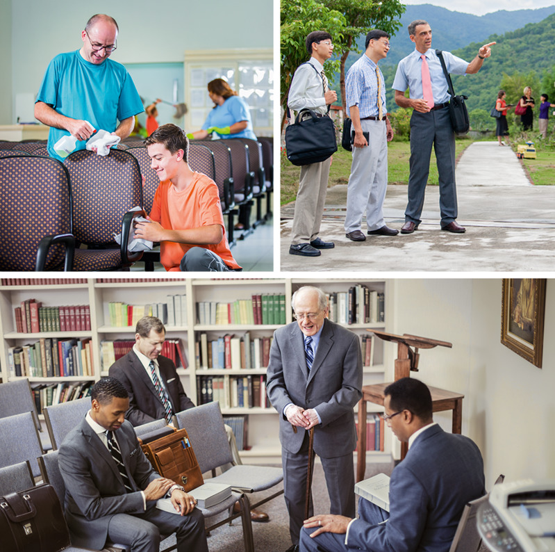 Collage: Appointed men taking the lead in congregation activities. 1. An elder and a young brother clean Kingdom Hall chairs. 2. An elder leads a group in the house-to-house ministry. 3. An elder prays at an elders’ meeting.
