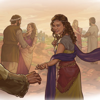 Moabite women inviting Israelite men to join them.