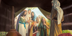 The five daughters of Zelophehad pleading their case before Moses at the entrance of the tent of meeting.