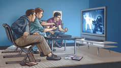 Tres hombres jóvenes muy emocionados jugando un videojuego violento.