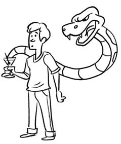 Una imagen del video No pases un mal trago. Una serpiente con colmillos sale de una copa con alcohol que un hombre sujeta.