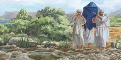 I sacerdoti portano l’Arca del Patto mentre mettono i piedi nelle acque del fiume Giordano.