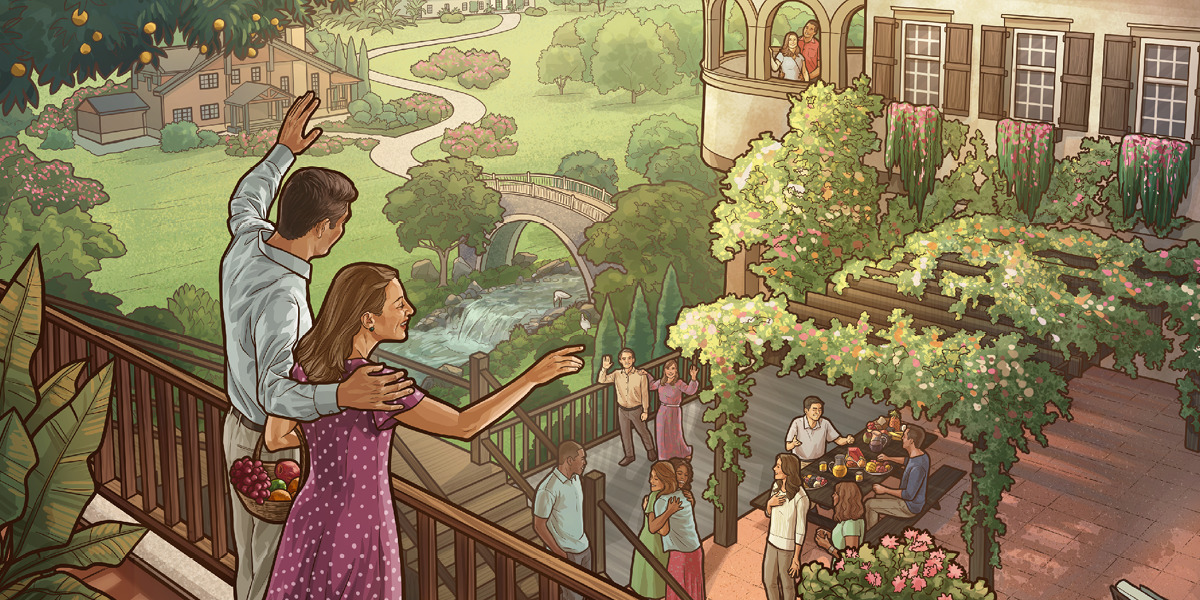 A couple in Paradise waving to their friend.