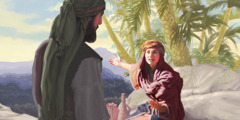 La profetessa Debora, seduta sotto una palma, incoraggia Barac ad aiutare il popolo di Dio.