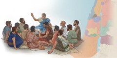 Κολάζ: 1. Ο Ιακώβ λέει στους γιους του την επιθανάτια προφητεία του. 2. Χάρτης της Υποσχεμένης Γης δείχνει τη διαμοίραση της γης ανάμεσα στις 12 φυλές του Ισραήλ.