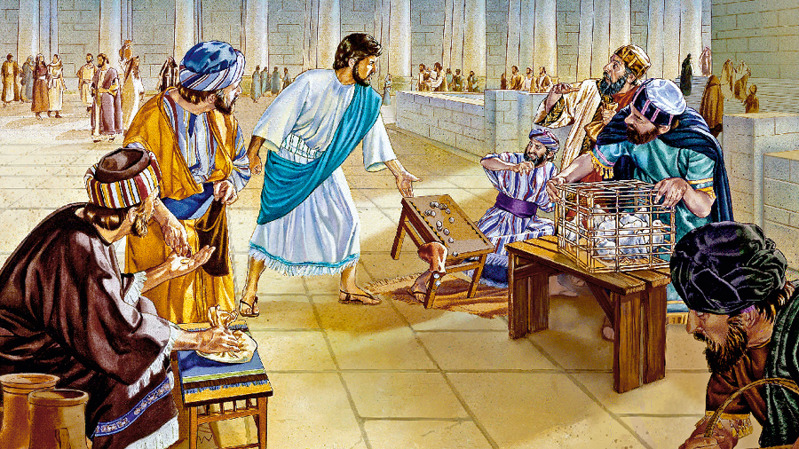 Ο Ιησούς αναποδογυρίζει τα τραπέζια των αργυραμοιβών στον ναό.