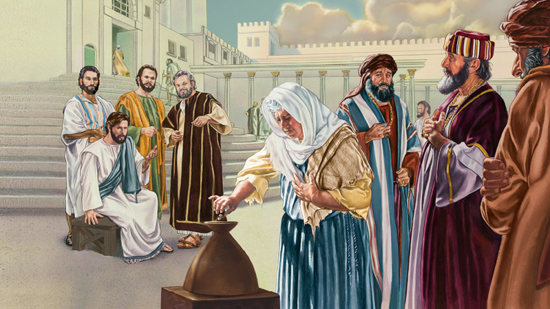 Ο Ιησούς και οι απόστολοί του παρατηρούν μια φτωχή χήρα καθώς εκείνη ρίχνει δύο μικρά νομίσματα στο χρηματοφυλάκιο του ναού.