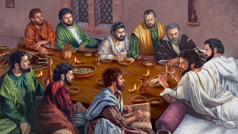 Ο Ιησούς και οι πιστοί του απόστολοι πλαγιάζουν σε ένα τραπέζι στη διάρκεια του Δείπνου του Κυρίου.