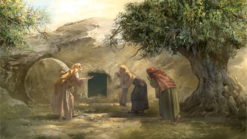 Γυναίκες μένουν έκπληκτες βλέποντας τον τάφο του Ιησού άδειο.