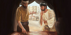 Ο βασιλιάς Σολομών βρίσκεται στον χώρο της οικοδόμησης του ναού και ακούει προσεκτικά έναν εργάτη που του εξηγεί τα οικοδομικά σχέδια.