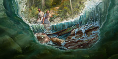 Елисеј гледа како Илија ги разделува водите на реката Јордан со својата пророчка наметка.