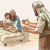 Сунамката со голема радост го крева своето дете додека Елисеј ги гледа.