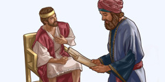Ο βασιλιάς Ιωσίας ακούει ταπεινά τον γραμματέα του, τον Σαφάν, καθώς του διαβάζει από έναν ρόλο.