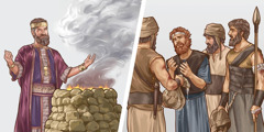 Κολάζ: 1. Ο βασιλιάς Σαούλ με υπερηφάνεια προσφέρει θυσία σε ένα θυσιαστήριο. 2. Ο Δαβίδ αρνείται να πιει το νερό που του προσφέρει ένας από τους στρατιώτες του.
