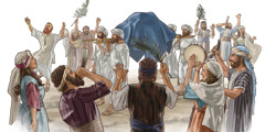 Ο βασιλιάς Δαβίδ τραγουδάει και χορεύει με άλλους Ισραηλίτες καθώς οι Λευίτες κουβαλούν την κιβωτό της διαθήκης.