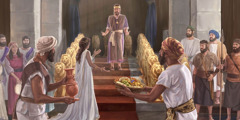 The queen of Sheba bringing gifts to King Solomon. He stands to welcome her. Singers and guards stand at the bottom of the steps leading to Solomon’s throne.