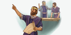 Conjunto de imagens: 1. O rei David, já idoso, conversa com Salomão sobre os detalhes da construção do templo. 2. O rei Salomão dá instruções sobre a construção do templo.