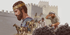 所羅門王在衡量一個決定。系列圖片：1．有防禦工事的城。2．戰車戰馬。3．兩個人在辛苦地建造石牆。