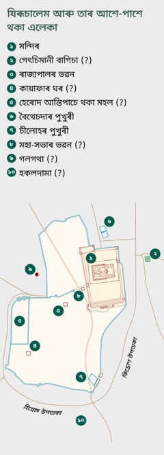 যিৰূচালেম আৰু তাৰ আশে-পাশে থকা এলেকাৰ মানচিত্ৰ। কিছুমান চিনাকী ঠাই আছে আৰু কিছুমান ঠাই কʼত আছে, তাক নিশ্চিতভাৱে কʼব নোৱাৰি। ১. মন্দিৰ। ২. গেৎচিমানী বাগিচা। ৩. ৰাজ্যপালৰ ভৱন। ৪. কায়াফাৰ ঘৰ। ৫. হেৰোদ আন্তিপাচে থকা মহল। ৬. বৈথেচদাৰ পুখুৰী। ৭. চীলোহৰ পুখুৰী। ৮. মহা-সভাৰ ভৱন। ৯. গলগথা। ১০. হকলদামা।