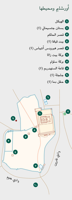 خريطة لأورشليم ومحيطها تَظهر فيها أماكن معروفة وأماكن محتملة:‏ ١-‏ الهيكل.‏ ٢-‏ بستان جتسيماني.‏ ٣-‏ قصر الحاكم.‏ ٤-‏ بيت قيافا.‏ ٥-‏ قصر هيرودس أنتيباس.‏ ٦-‏ بركة بيت زاثا.‏ ٧-‏ بركة سلوام.‏ ٨-‏ قاعة السنهدريم.‏ ٩-‏ جلجثة.‏ ١٠-‏ حقل دما