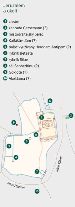 Mapa Jeruzaléma a okolí se seznamem známých i odhadovaných míst. 1. Chrám, 2. zahrada Getsemane, 3. místodržitelský palác, 4. Kaifášův dům, 5. palác využívaný Herodem Antipem, 6. rybník Betzata, 7. rybník Siloe, 8. sál Sanhedrinu, 9. Golgota, 10. Akeldama